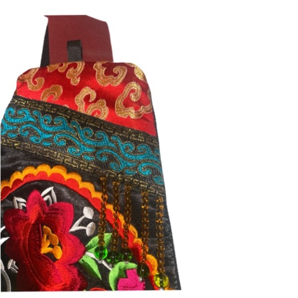 Ethnic Handmade Embroidery Black Floral Sling Bag With Tassels, Pom Poms & Beads - Picture 5 of 8